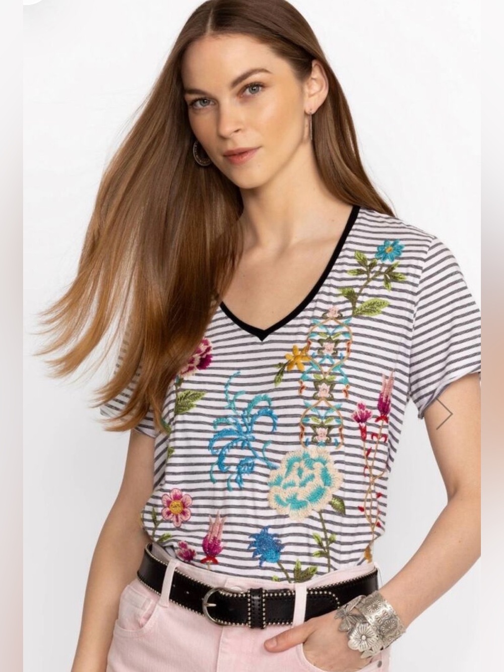 Johnny Was Sheri Everyday Stripe Embroidered V-Neck Tee Top